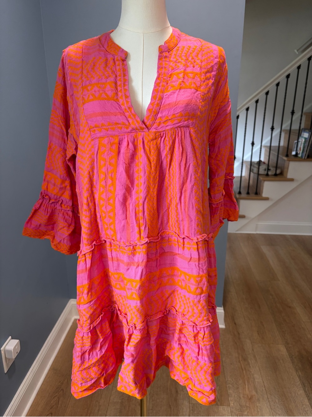 THML Pink Orange Embroidered Boho Tiered Mini Dress Size Medium